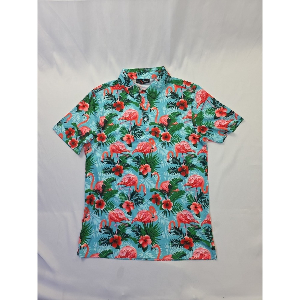 Yatta Golf Mens Small Green Pink Flamingos Floral Short Sleeve Golf Polo Shirt